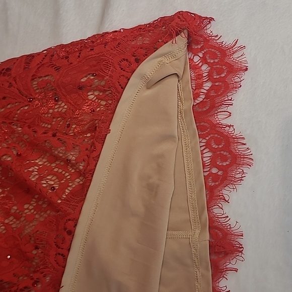 Frank Lyman, red dress, plunging neckline, fully lined, lace, red rhinestones - Picture 3 of 10